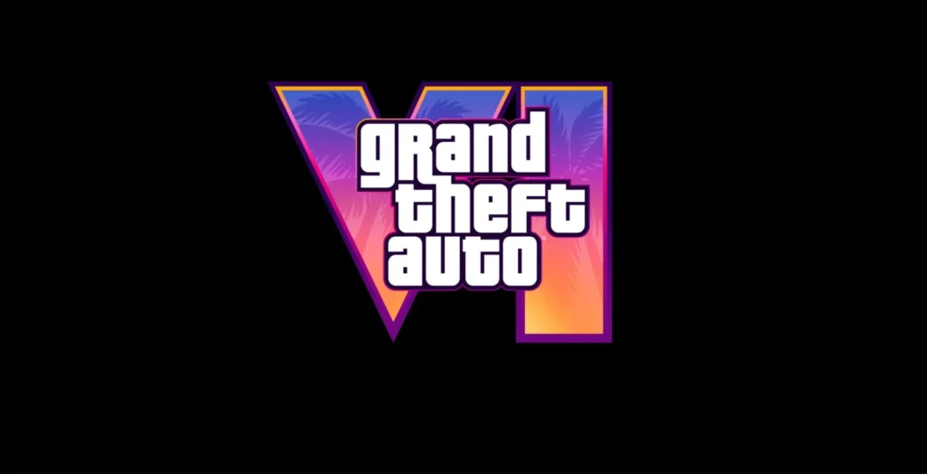 Oficiální logo Grand Theft Auto VI s výrazným písmenem V v barevném gradientu a palmami v pozadí, připomínajícími slunečné Vice City.