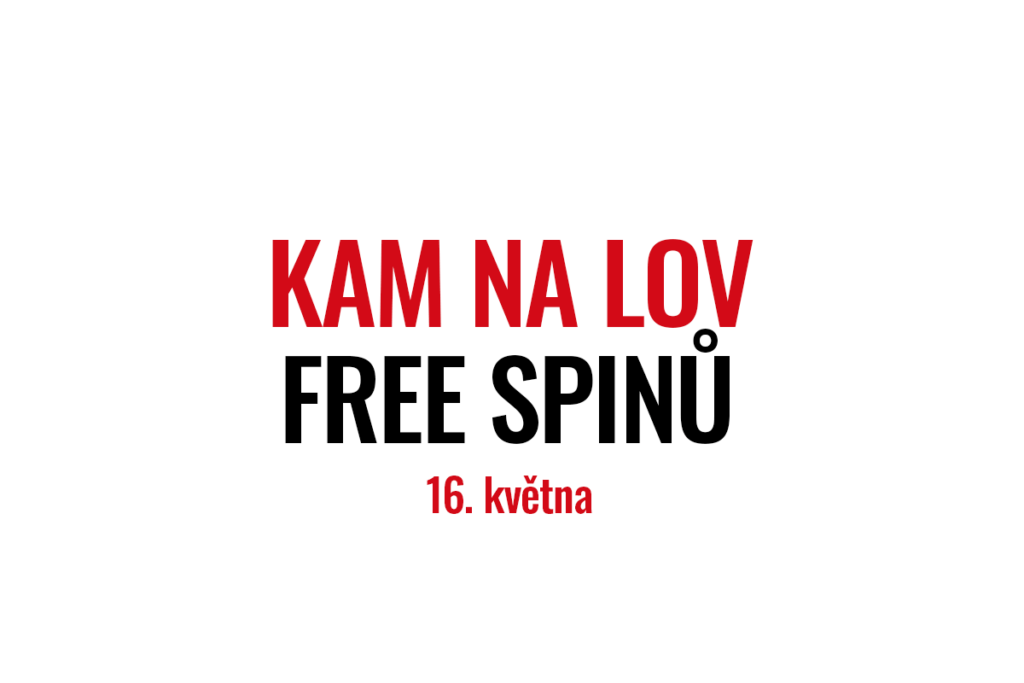 Nápis „Kam na lov free spinů – 16. května“ v moderním červeno-černém designu, oficiální grafika rubriky onlinehazard.cz.