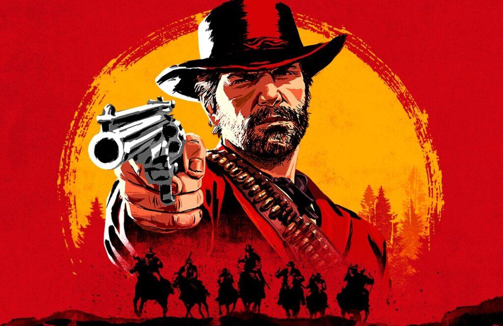 Grafika hry Red Dead Redemption 2 s hlavní postavou mířící pistolí a ikonickým rudým pozadím s jezdeckou skupinou.
